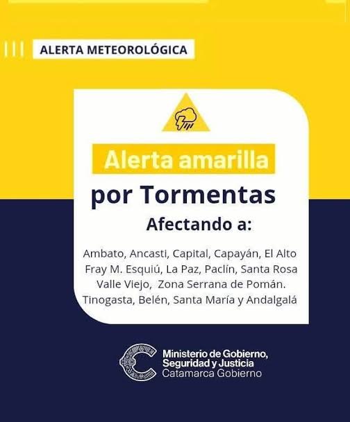 ⚠️🌩️ ALERTA AMARILLA POR TORMENTA EN CATAMARCA